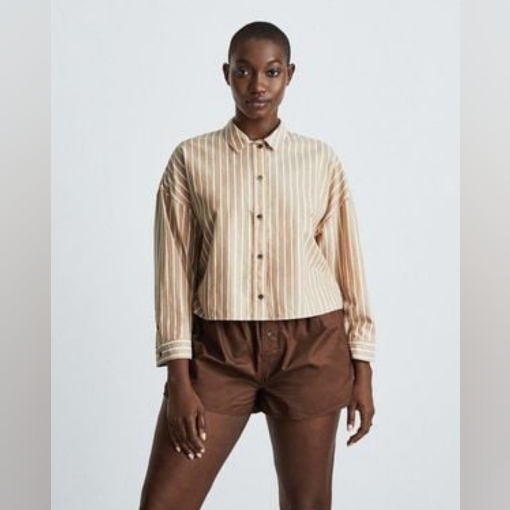 Everlane Shirt Womens Small Brown Button Up Woven Pajama Silky Cotton Crop PJ